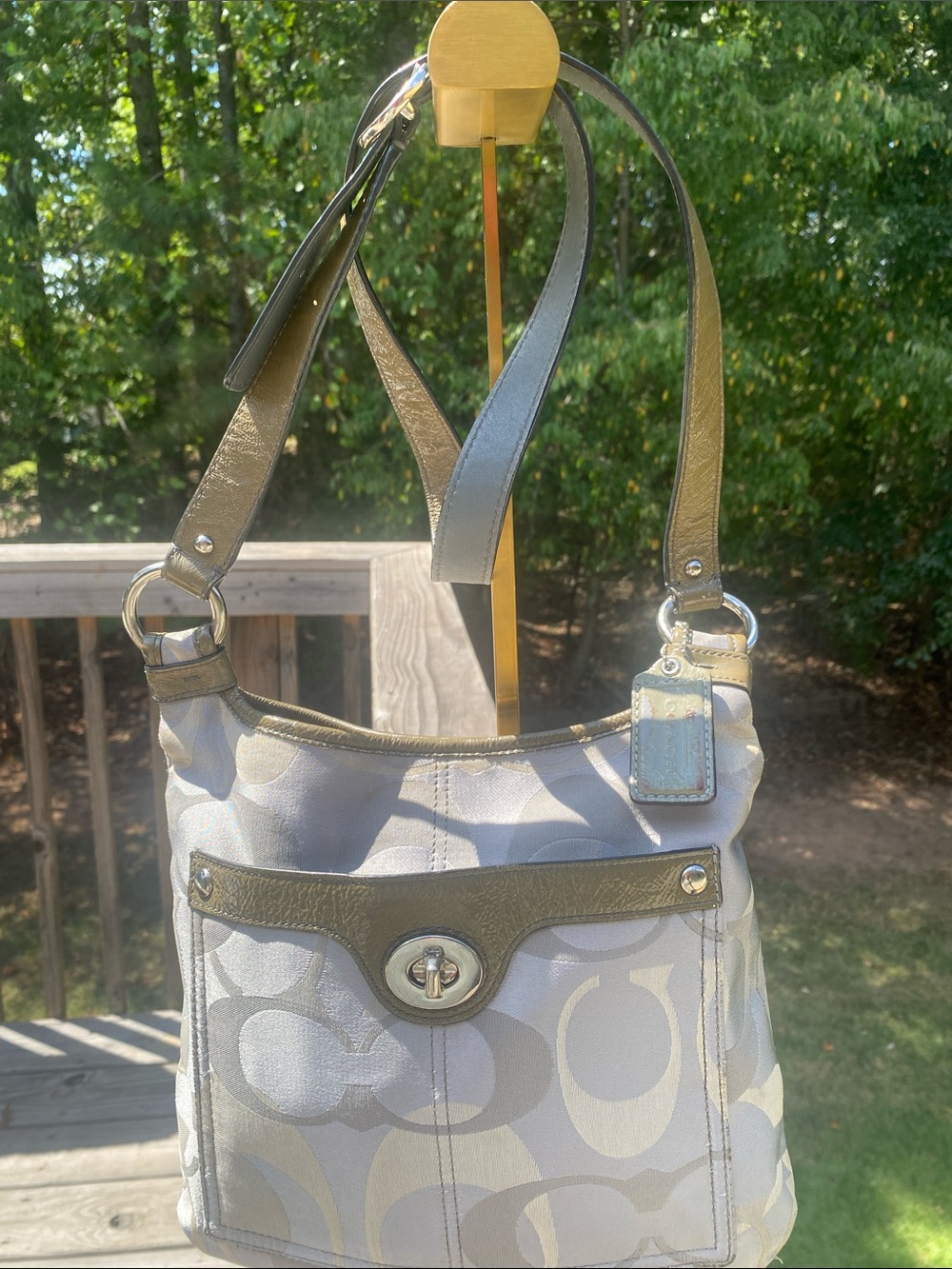 Coach Silver-Tone Signature Shoulder Bag with Metallic Trim